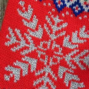 Snowflake Christmas Stocking Vintage Knit Red Silver Glitter Thread Knitted 1980s - At Grandma's Table