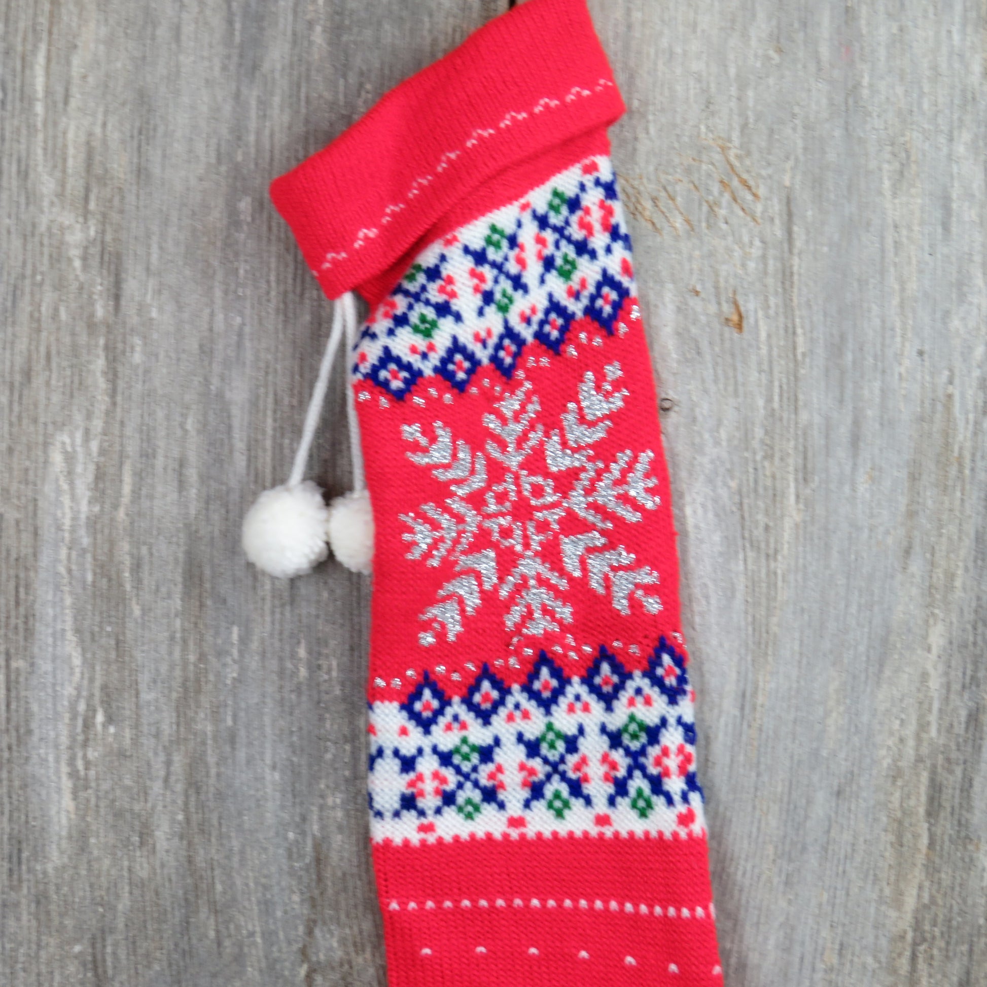 Snowflake Christmas Stocking Vintage Knit Red Silver Glitter Thread Knitted 1980s - At Grandma's Table