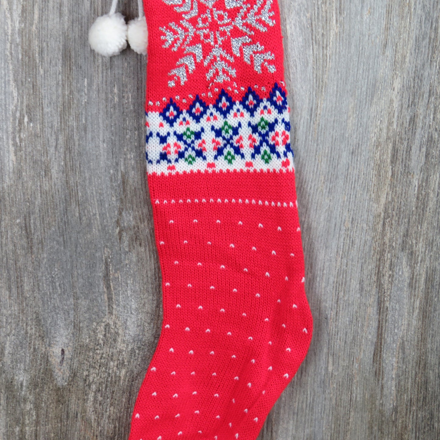 Snowflake Christmas Stocking Vintage Knit Red Silver Glitter Thread Knitted 1980s - At Grandma's Table