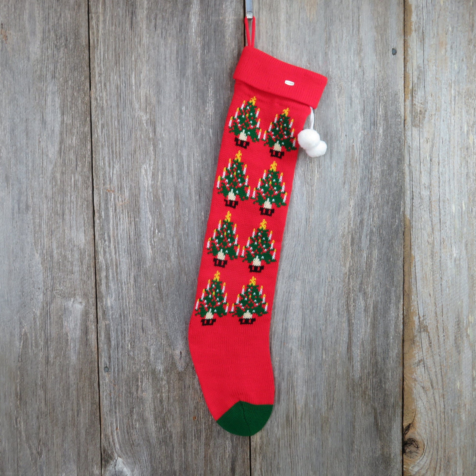 Vintage Christmas Tree Knit Stocking Red Green Pom Pom Candle Thailand - At Grandma's Table