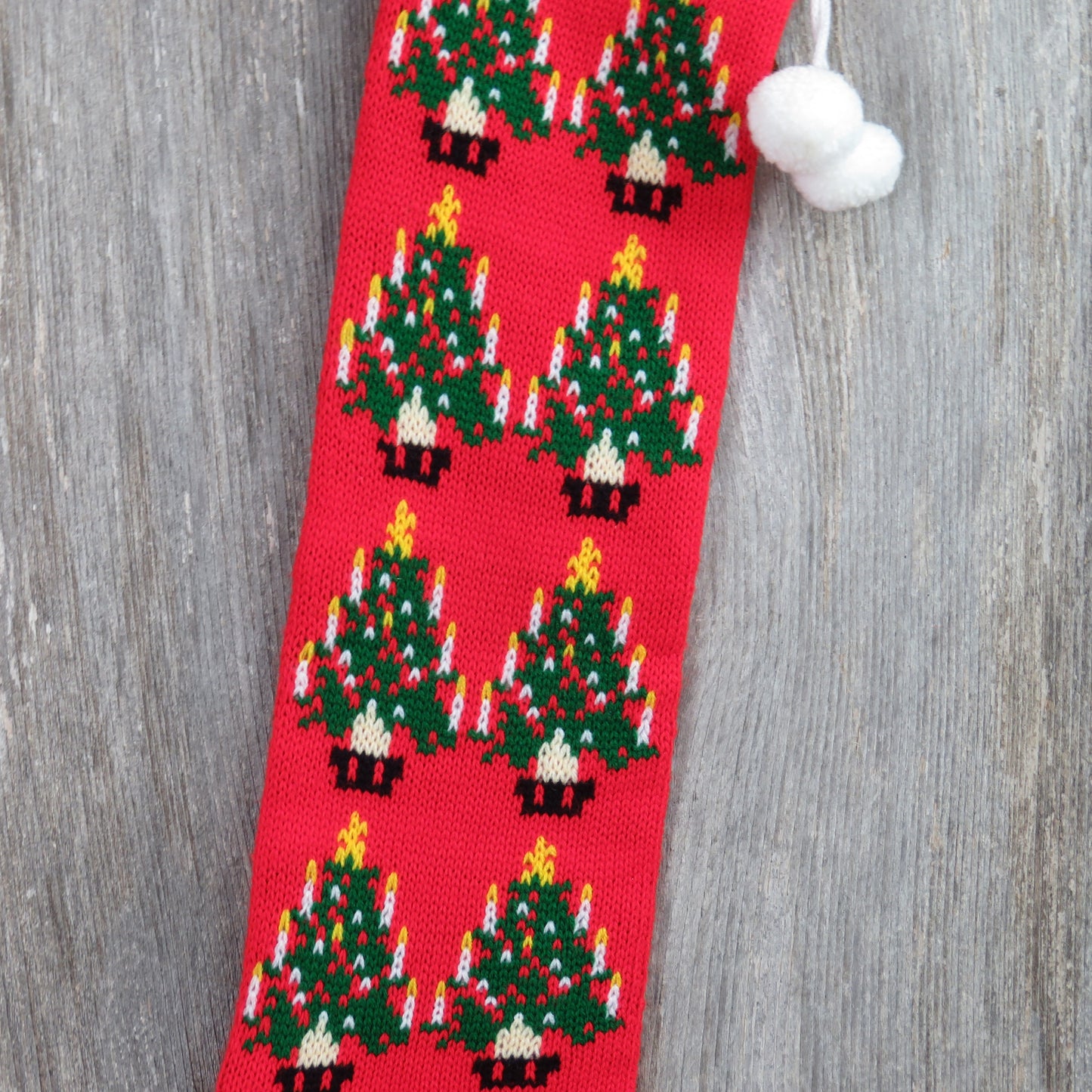 Vintage Christmas Tree Knit Stocking Red Green Pom Pom Candle Thailand - At Grandma's Table