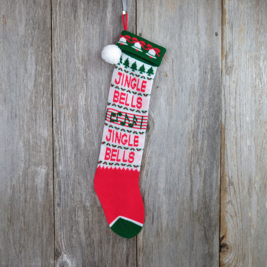 Vintage Jingle Bells Knit Stocking Christmas Music Notes Red Green White Pom Pom - At Grandma's Table