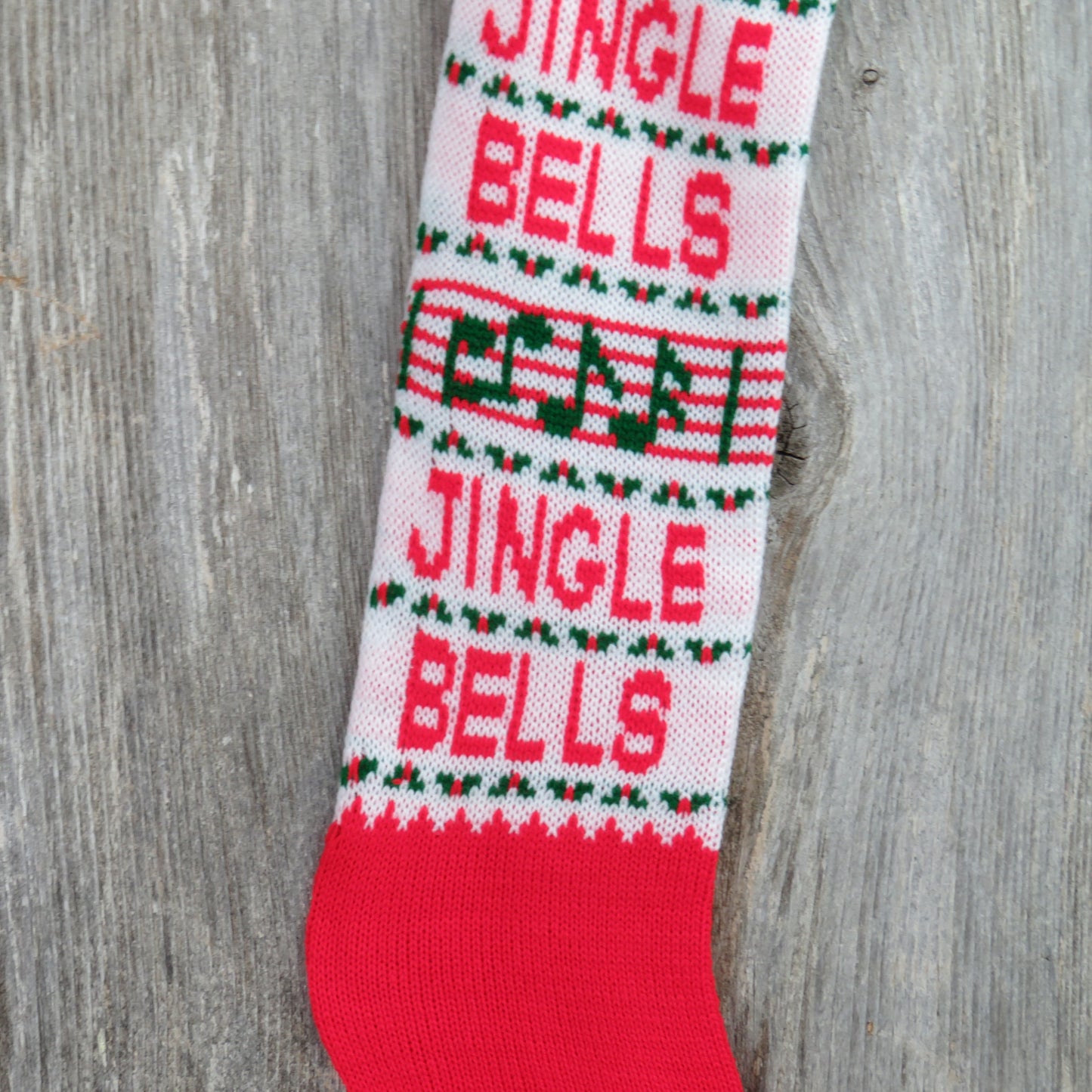 Vintage Jingle Bells Knit Stocking Christmas Music Notes Red Green White Pom Pom - At Grandma's Table
