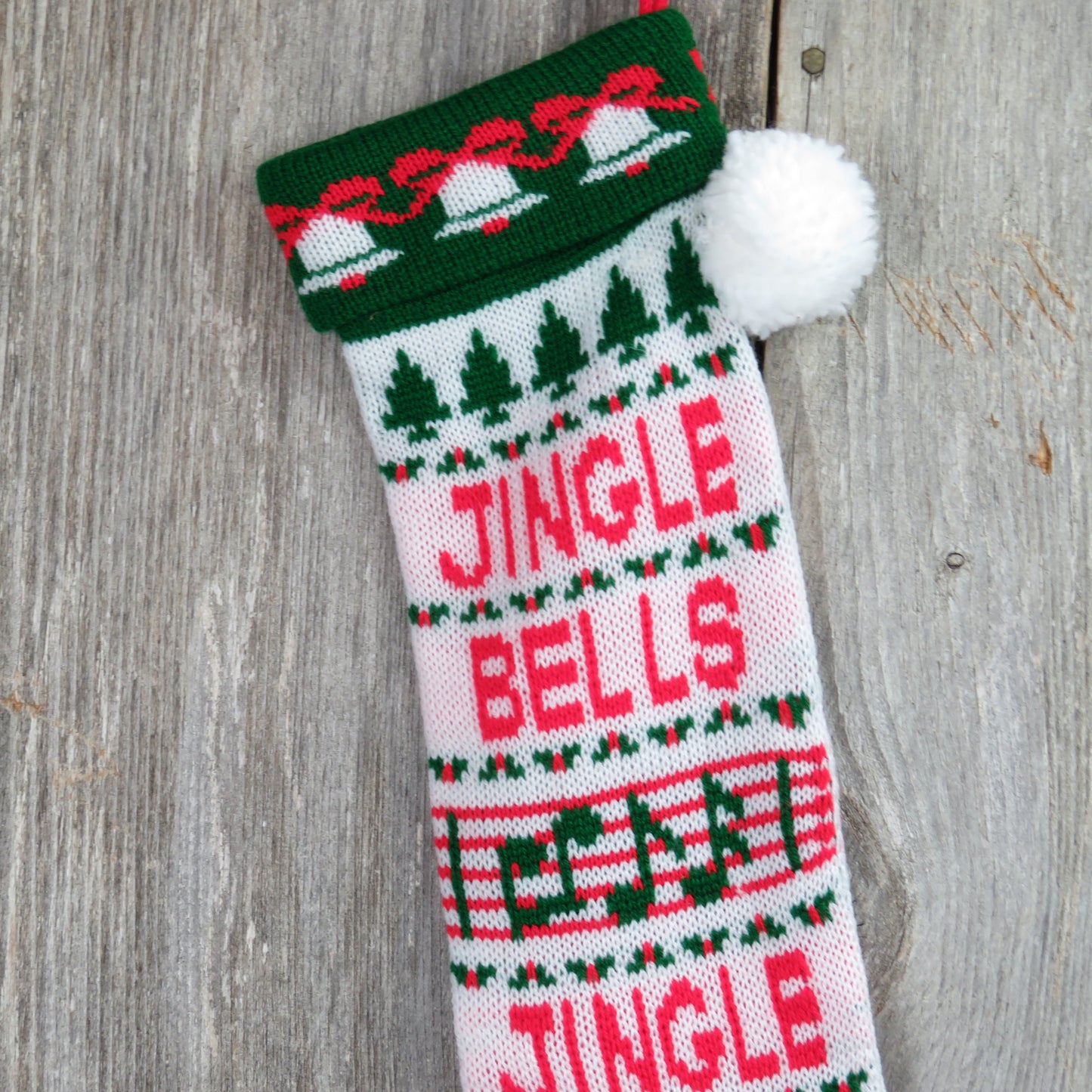 Vintage Jingle Bells Knit Stocking Christmas Music Notes Red Green White Pom Pom - At Grandma's Table