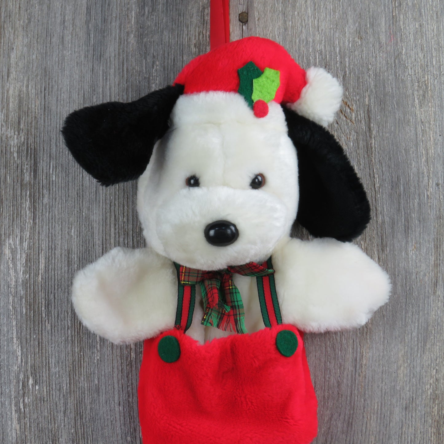 Vintage Puppy Dog Christmas Stocking Puppet Plush Santa's Best Bib Overalls - At Grandma's Table