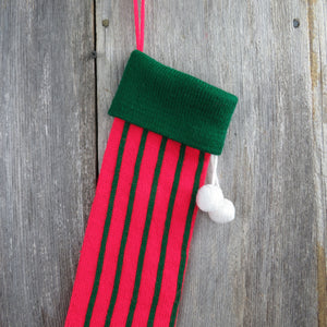 Vintage Pin Striped Knit Stocking Christmas Green Red Stripes Pom Pom - At Grandma's Table
