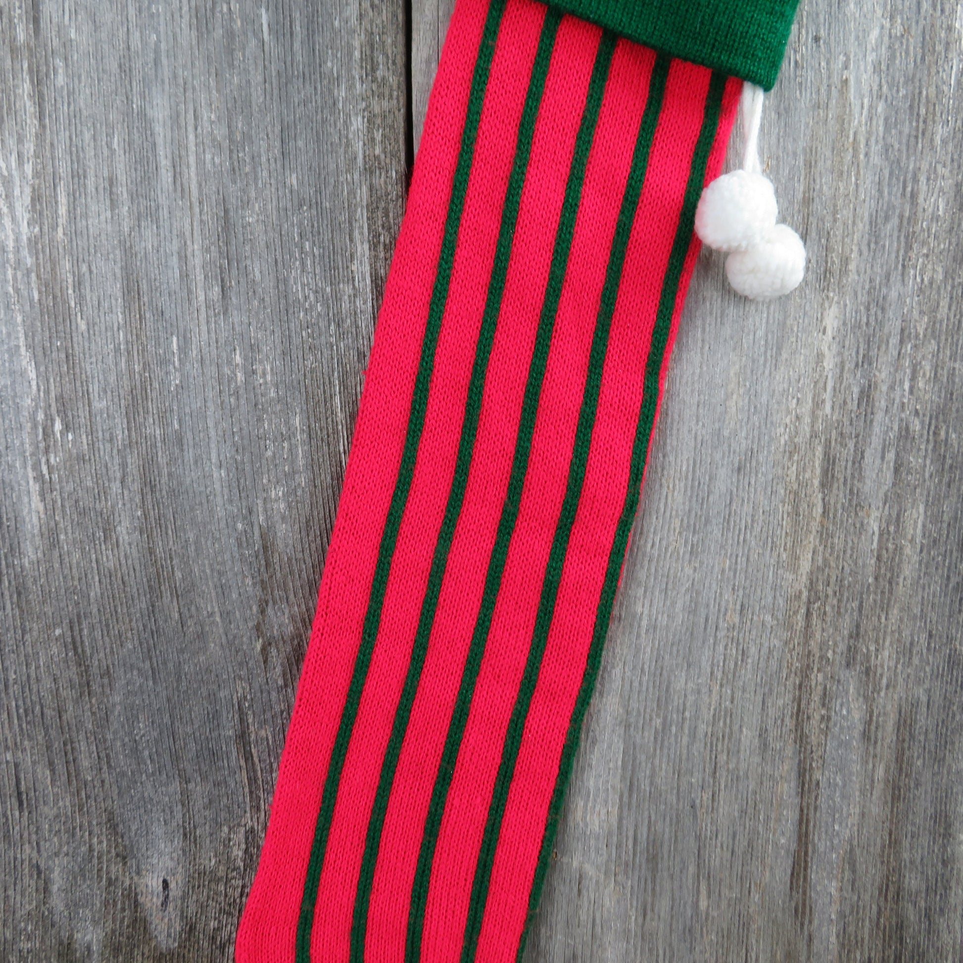 Vintage Pin Striped Knit Stocking Christmas Green Red Stripes Pom Pom - At Grandma's Table