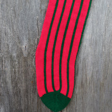 Load image into Gallery viewer, Vintage Pin Striped Knit Stocking Christmas Green Red Stripes Pom Pom - At Grandma&#39;s Table