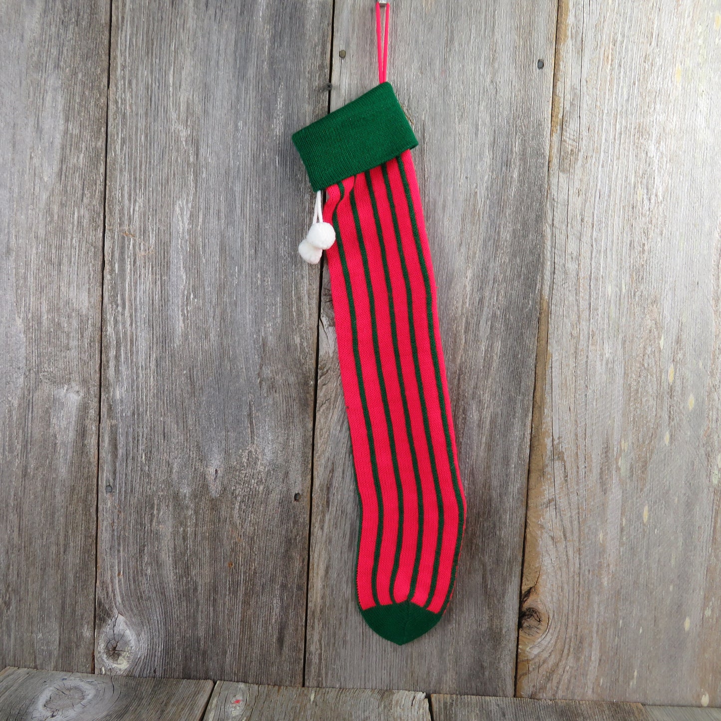 Vintage Pin Striped Knit Stocking Christmas Green Red Stripes Pom Pom - At Grandma's Table
