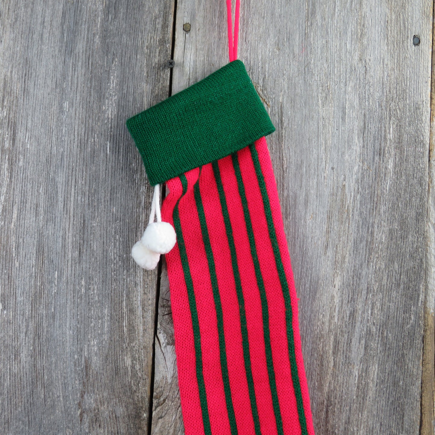 Vintage Pin Striped Knit Stocking Christmas Green Red Stripes Pom Pom - At Grandma's Table