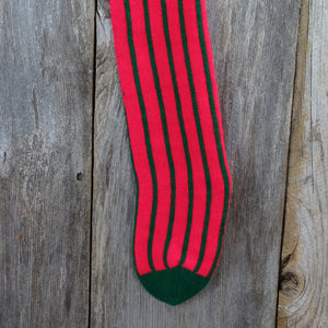 Vintage Pin Striped Knit Stocking Christmas Green Red Stripes Pom Pom - At Grandma's Table