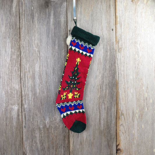 Vintage Christmas Tree Knit Stocking Hearts Chenille Green Red Stripes Pom Pom - At Grandma's Table