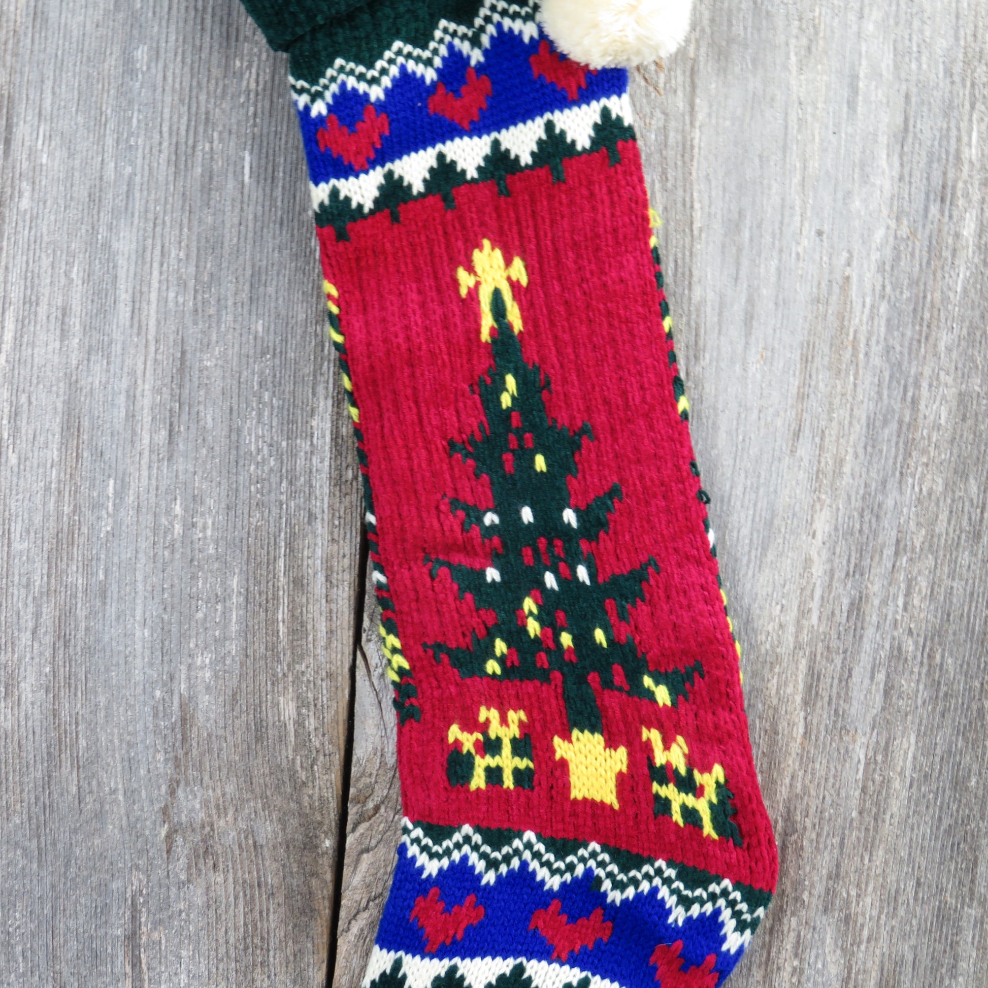 Vintage Christmas Tree Knit Stocking Hearts Chenille Green Red Stripes Pom Pom - At Grandma's Table