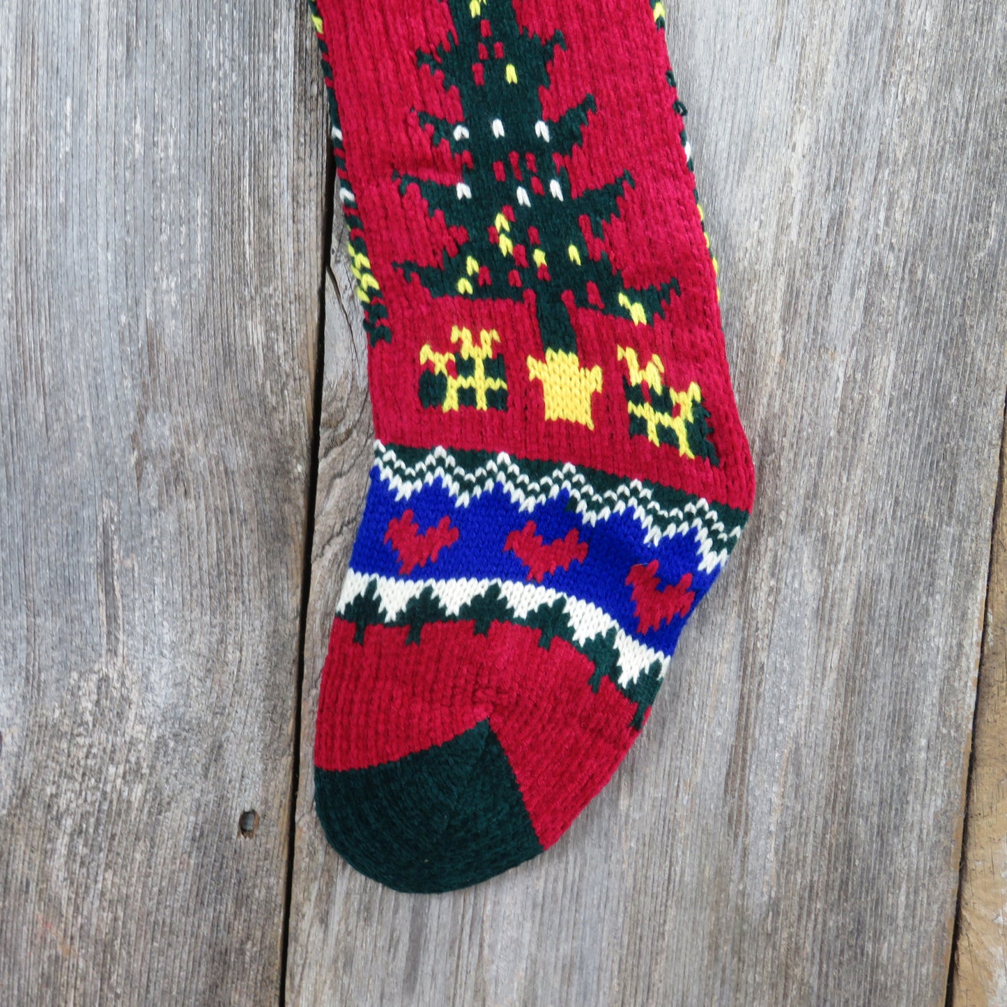 Vintage Christmas Tree Knit Stocking Hearts Chenille Green Red Stripes Pom Pom - At Grandma's Table