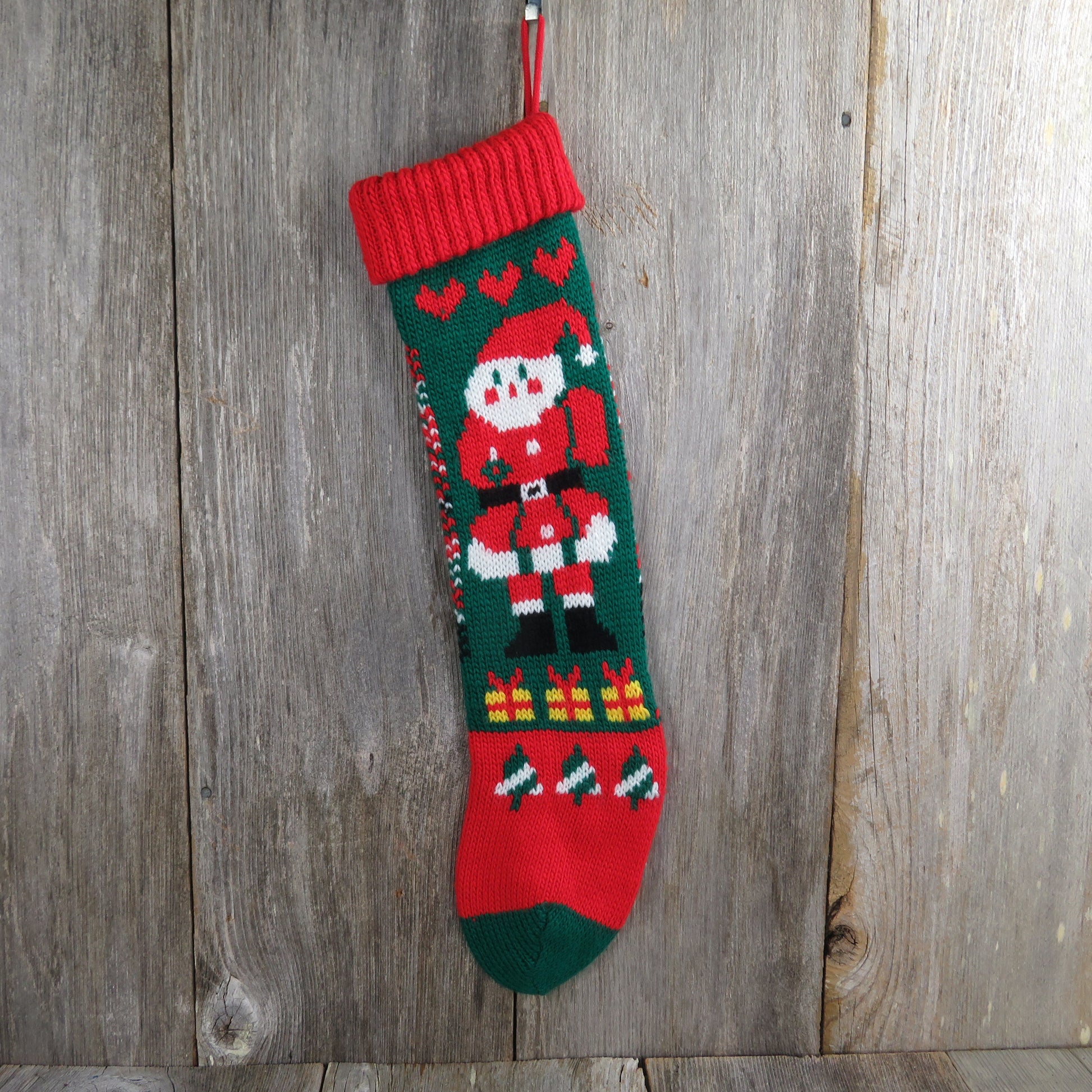 Vintage Santa Claus Stocking Knitted Knit Hearts Green Red White Christmas - At Grandma's Table