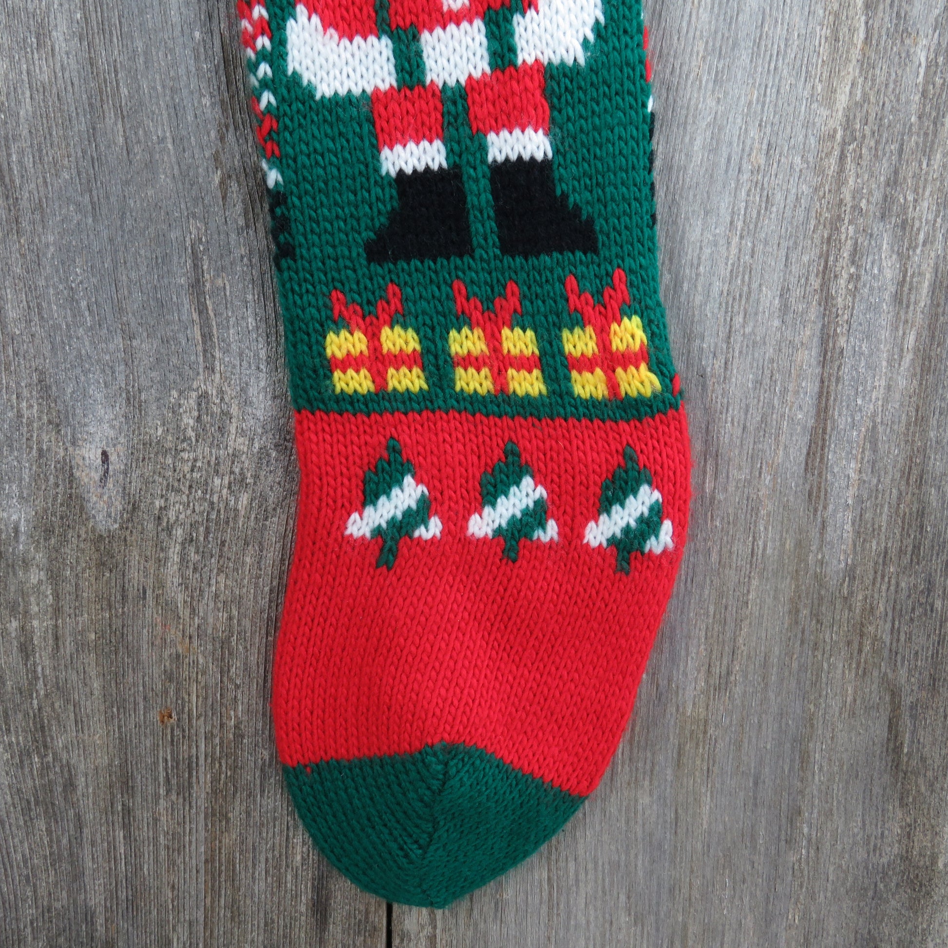 Vintage Santa Claus Stocking Knitted Knit Hearts Green Red White Christmas - At Grandma's Table