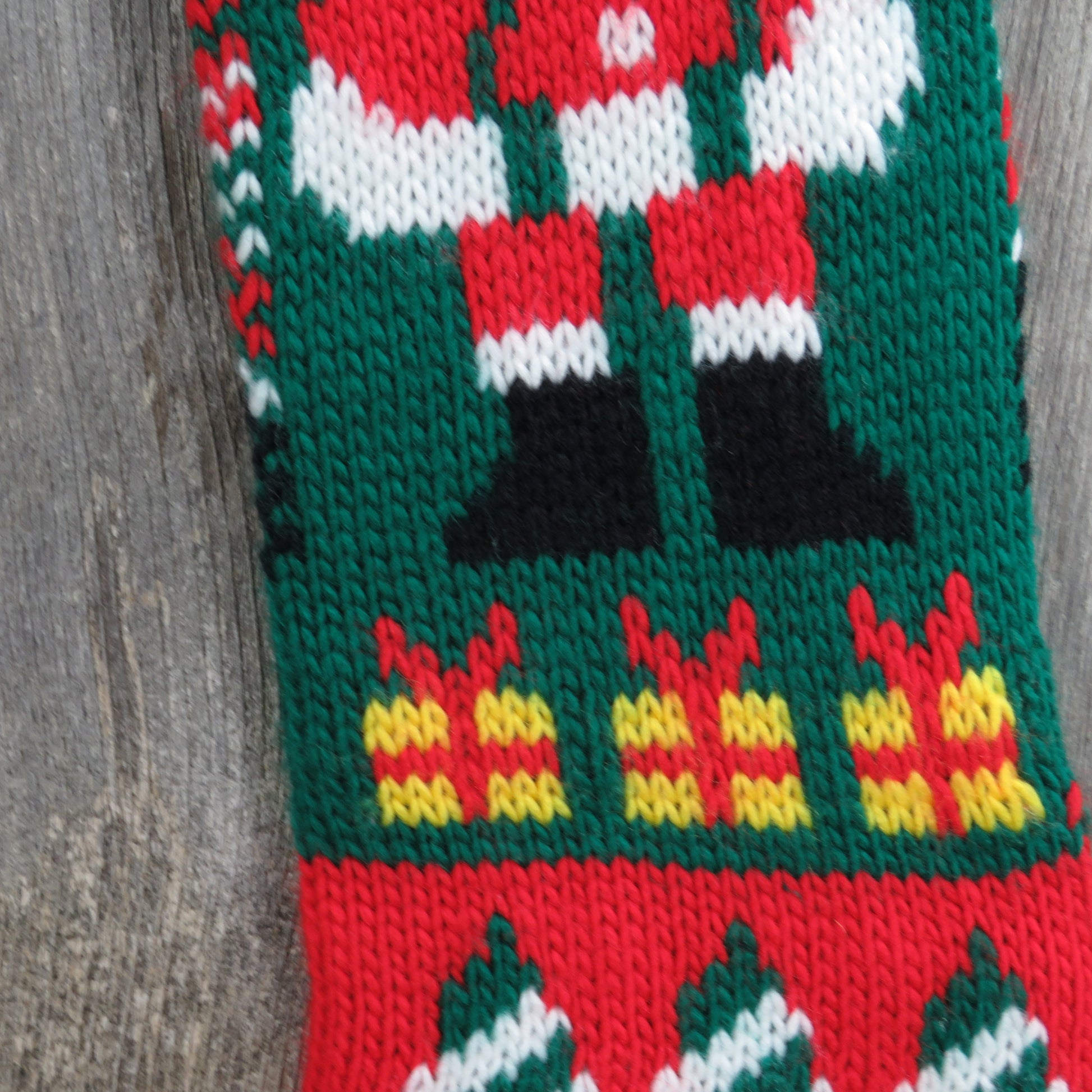 Vintage Santa Claus Stocking Knitted Knit Hearts Green Red White Christmas - At Grandma's Table