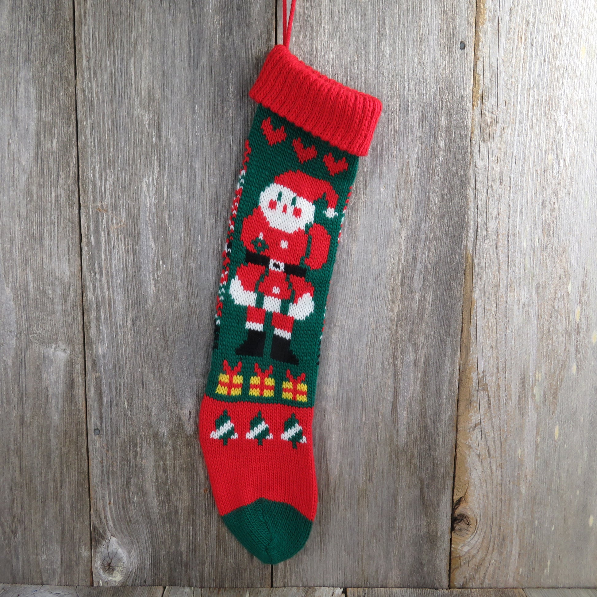 Vintage Santa Claus Stocking Knitted Knit Hearts Green Red White Christmas - At Grandma's Table