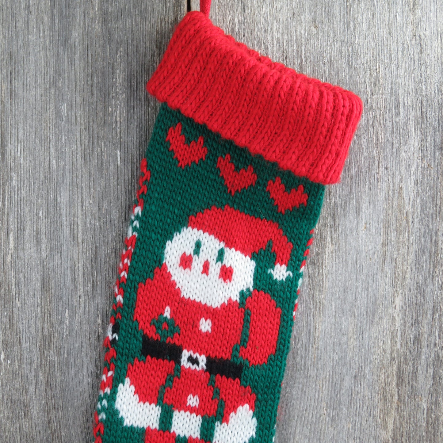 Vintage Santa Claus Stocking Knitted Knit Hearts Green Red White Christmas - At Grandma's Table