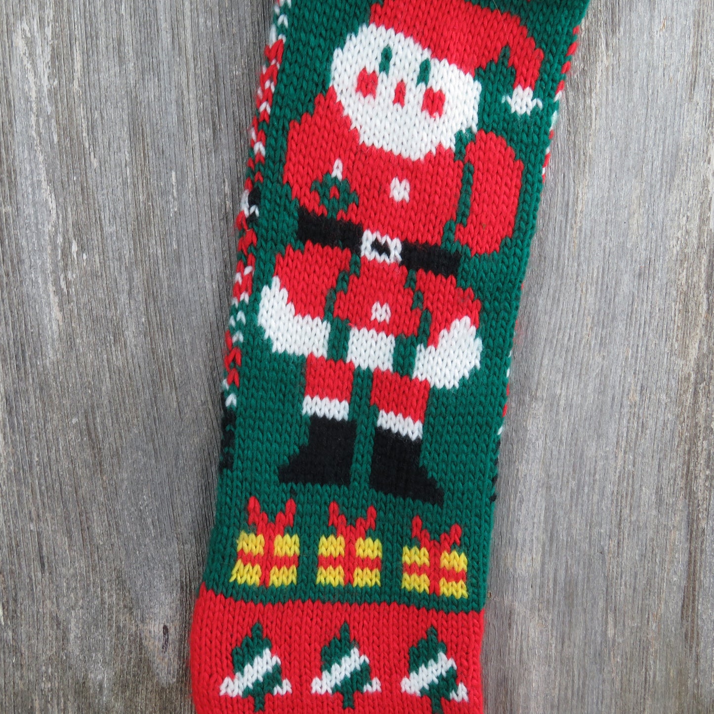 Vintage Santa Claus Stocking Knitted Knit Hearts Green Red White Christmas - At Grandma's Table