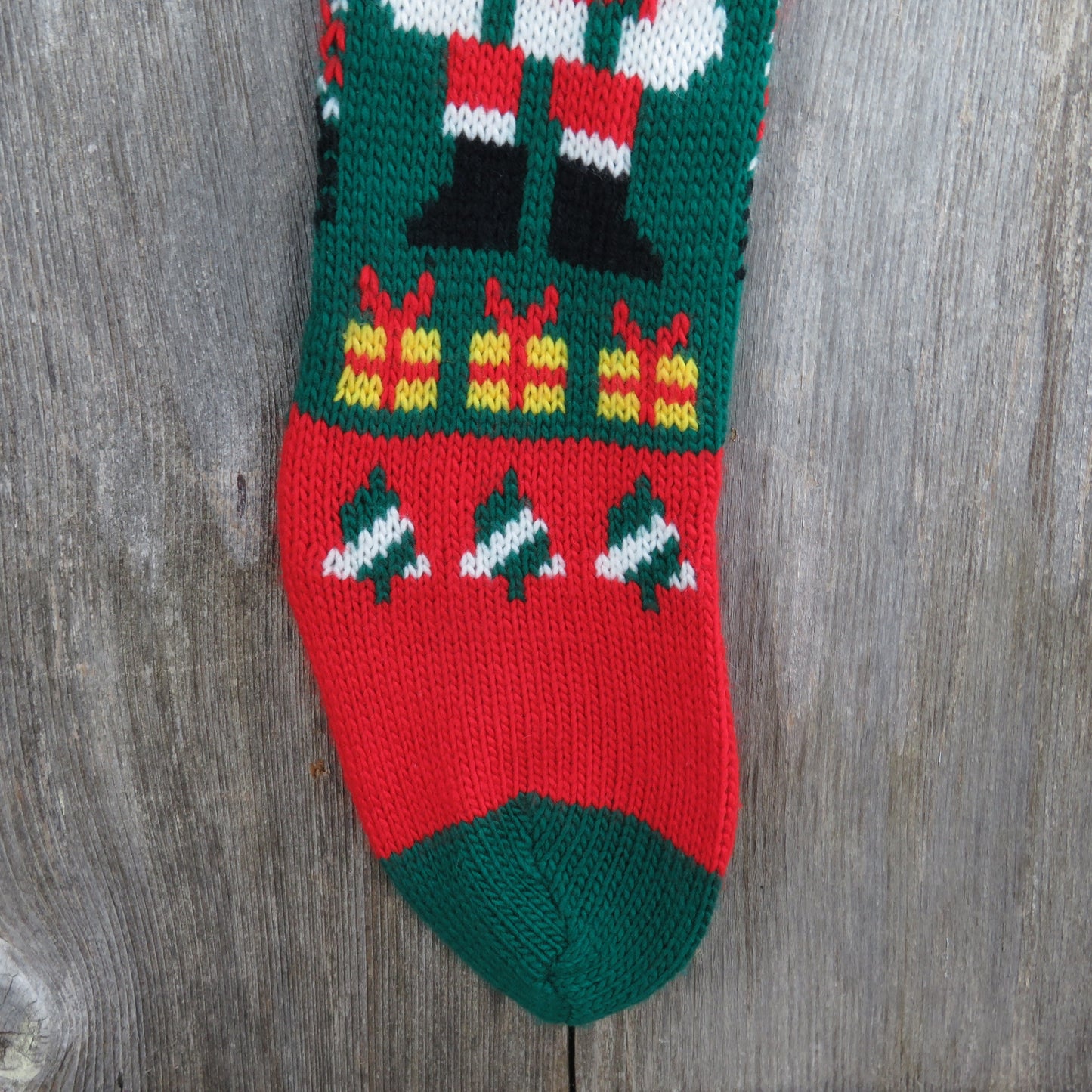 Vintage Santa Claus Stocking Knitted Knit Hearts Green Red White Christmas - At Grandma's Table