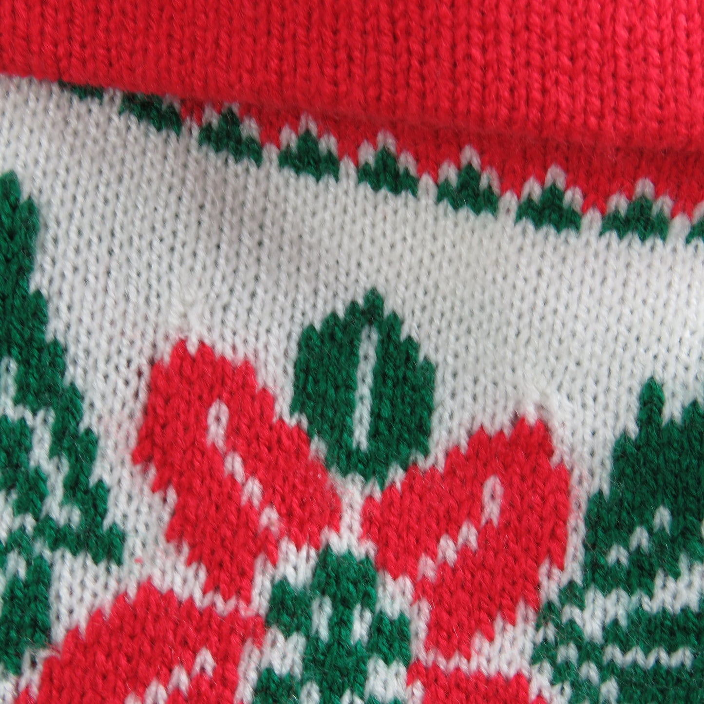 Vintage Knit Christmas Stocking Poinsettia Happy Holidays KNitted Red Green Sweater Print - At Grandma's Table