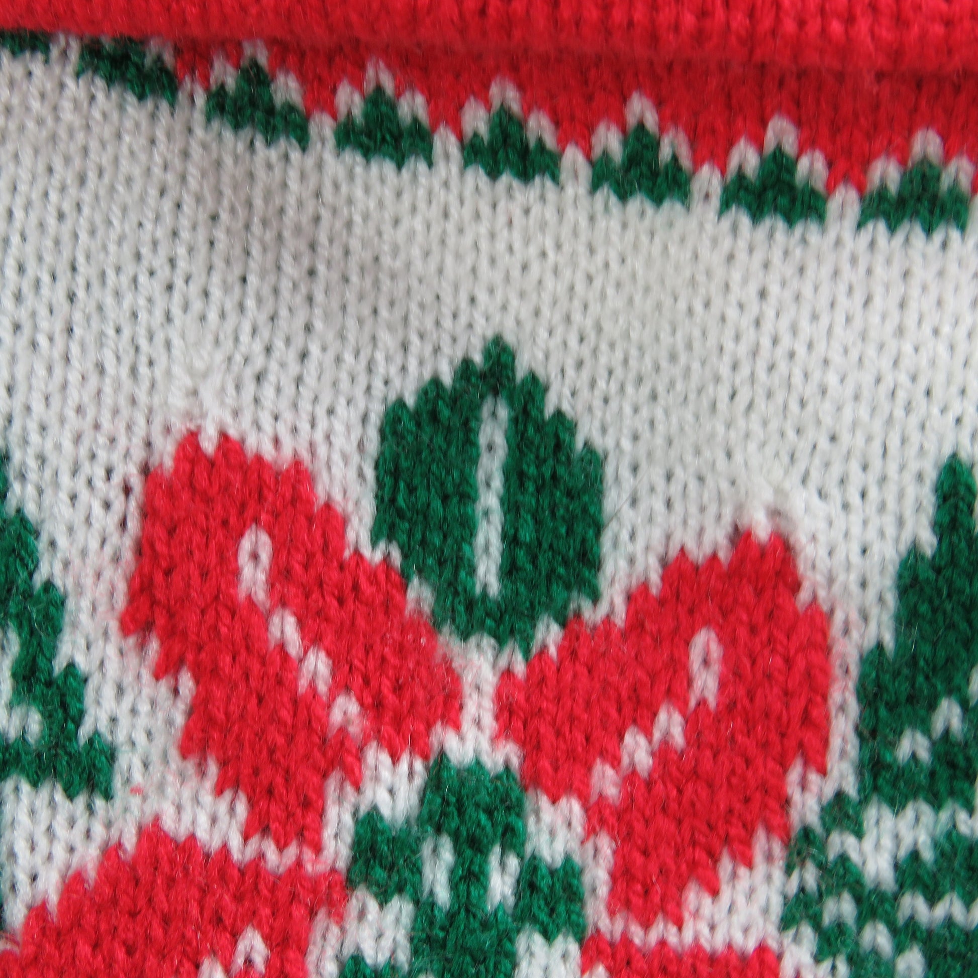 Vintage Knit Christmas Stocking Poinsettia Happy Holidays KNitted Red Green Sweater Print - At Grandma's Table
