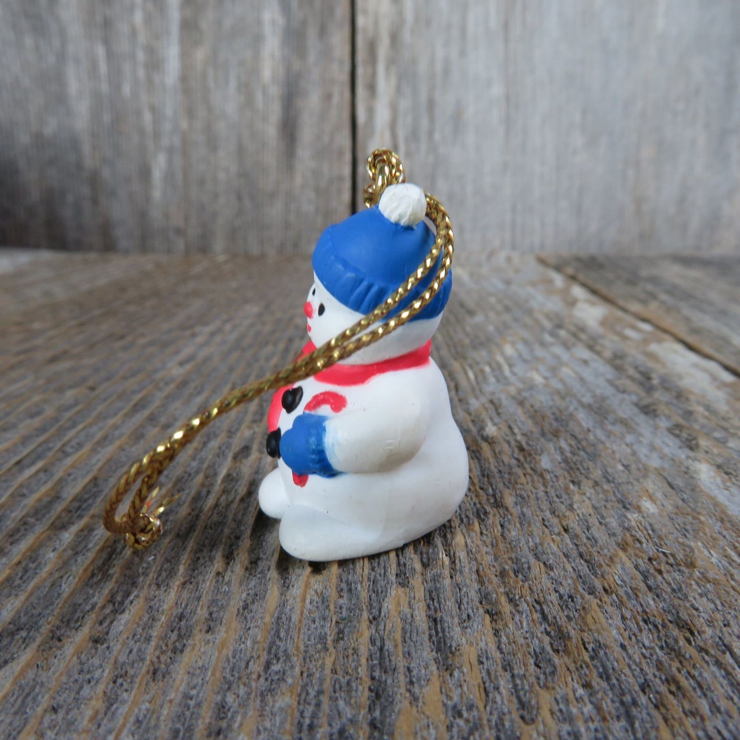 Miniature Snowman Ornament Joy Blue Hat Red Scarf Candy Cane Tiny Christmas