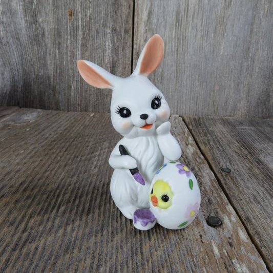 Vintage Bunny Figurine Easter White Rabbit Easter Egg Chick Purple Paint Brush Ceramic