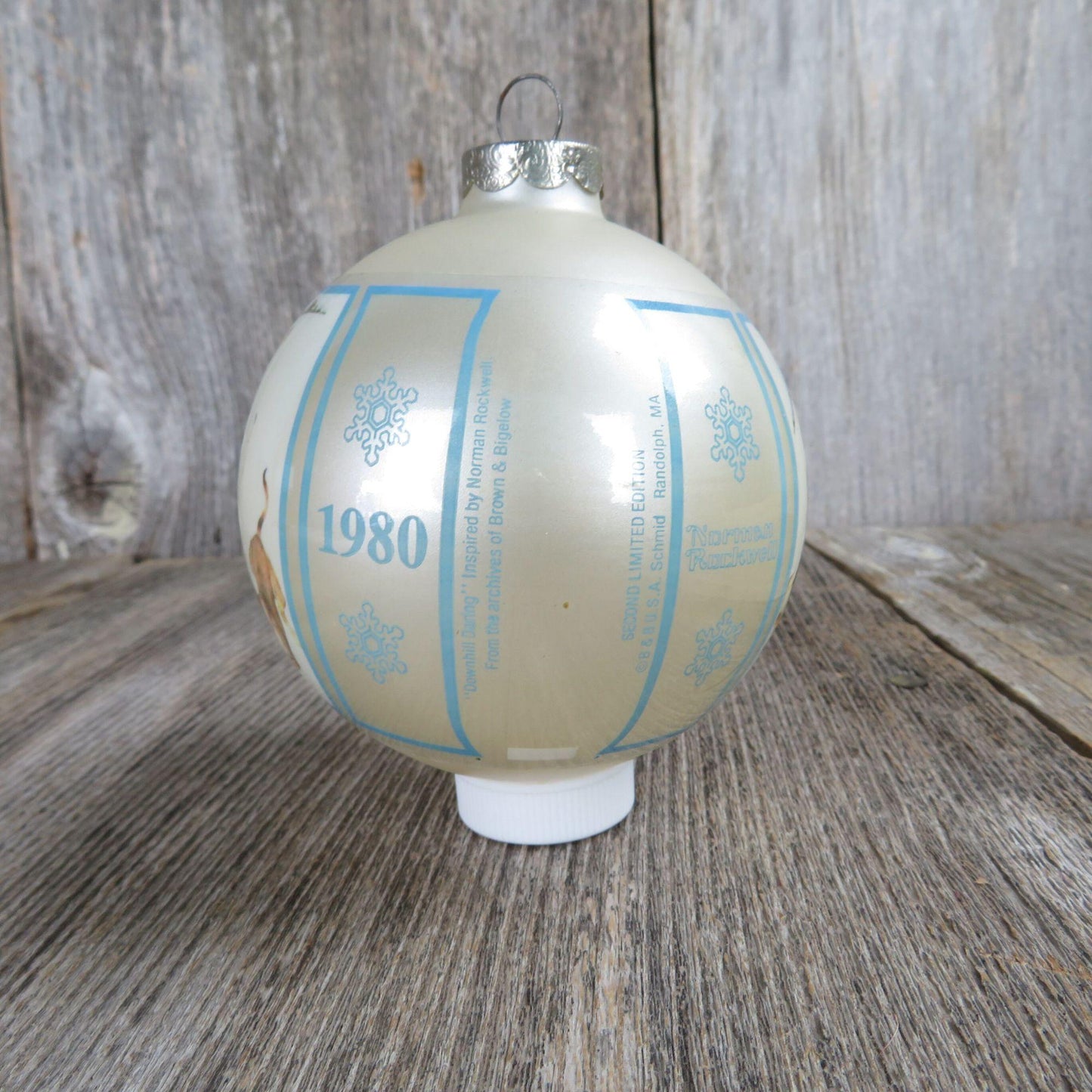 Vintage Norman Rockwell Ball Ornament Downhill Daring Schmid Christmas 1980 Blue White Silver