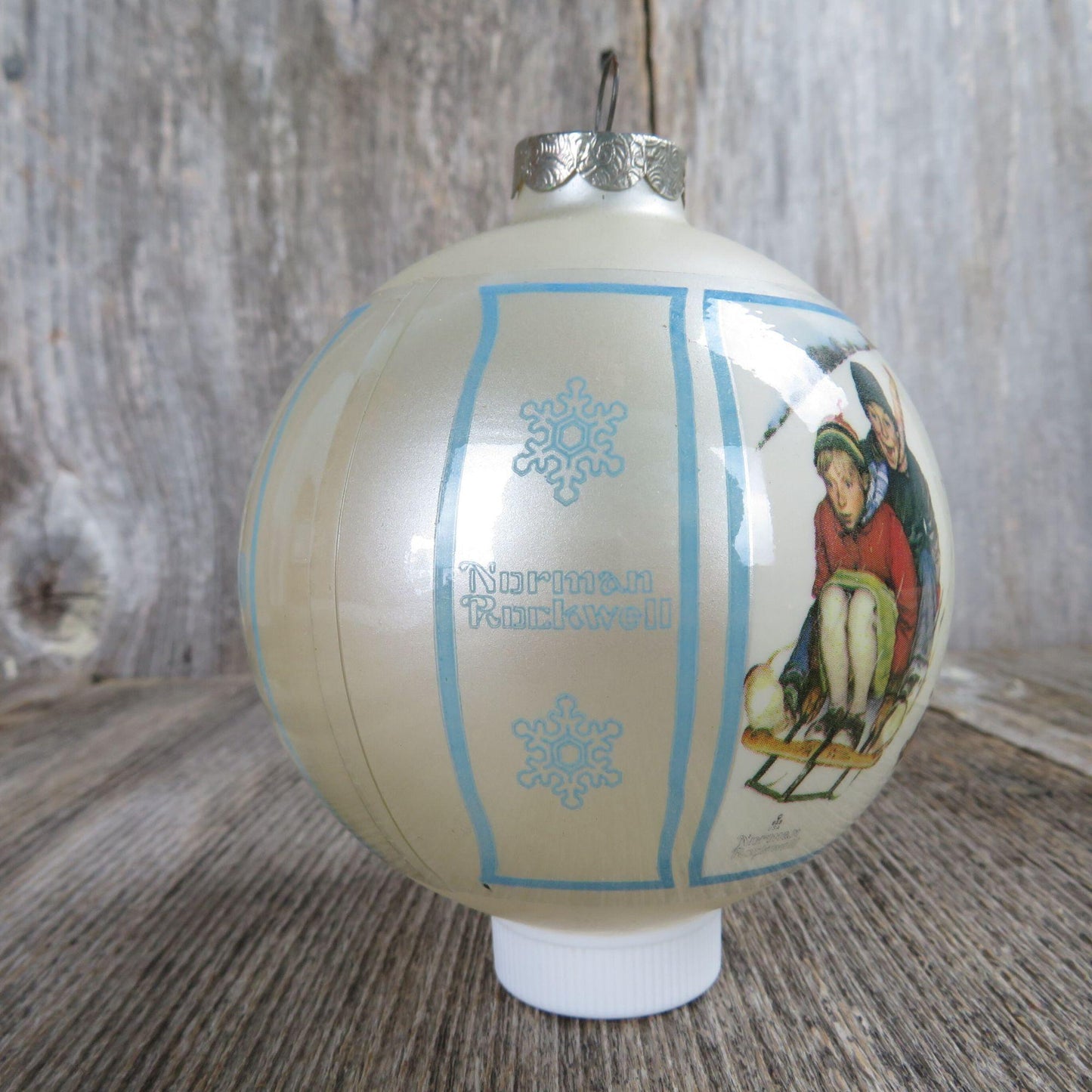 Vintage Norman Rockwell Ball Ornament Downhill Daring Schmid Christmas 1980 Blue White Silver