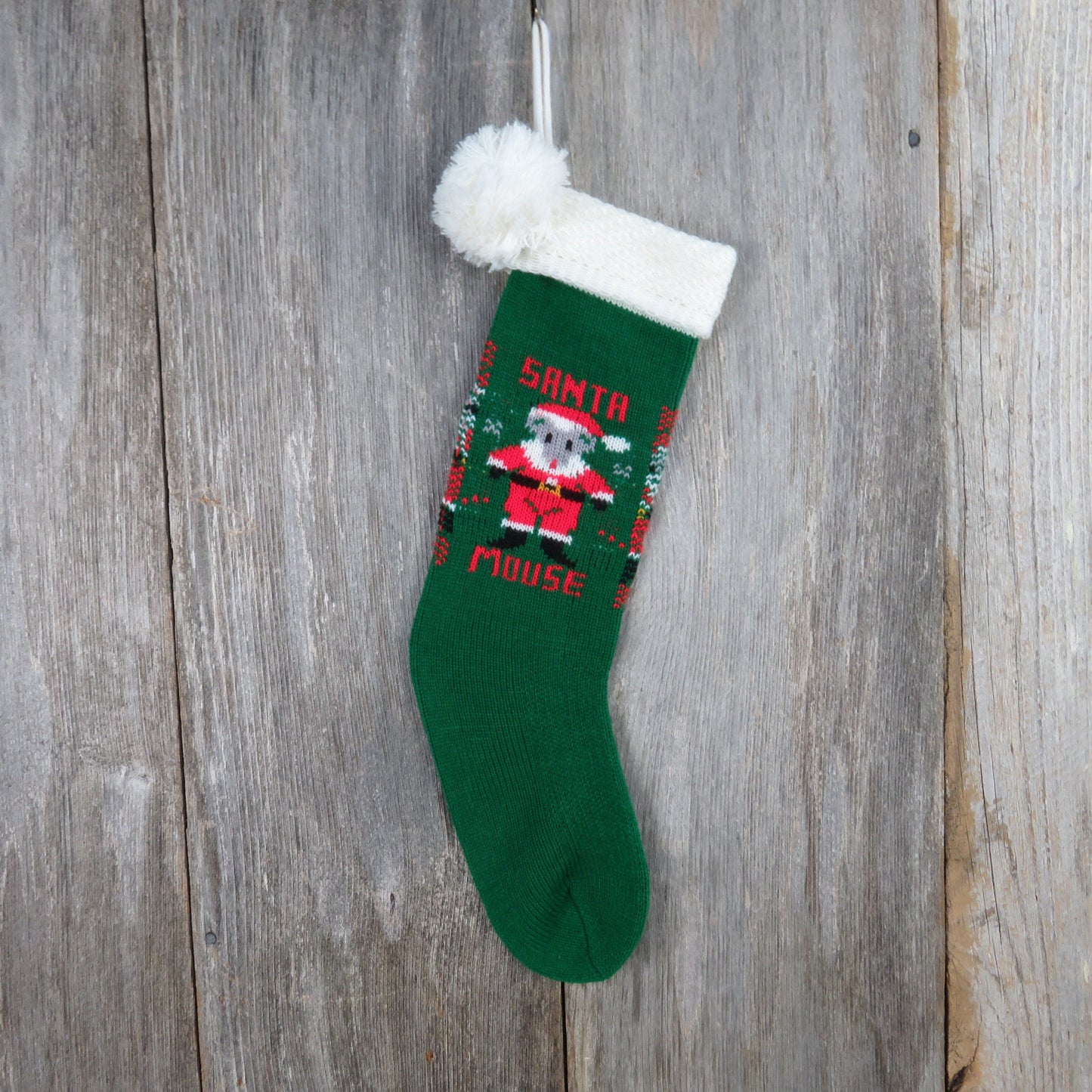 Vintage Knit Santa Mouse Stocking Green Red Christmas White Trim Pom Pom Knitted 1980s