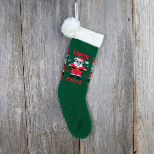 Vintage Knit Santa Mouse Stocking Green Red Christmas White Trim Pom Pom Knitted 1980s