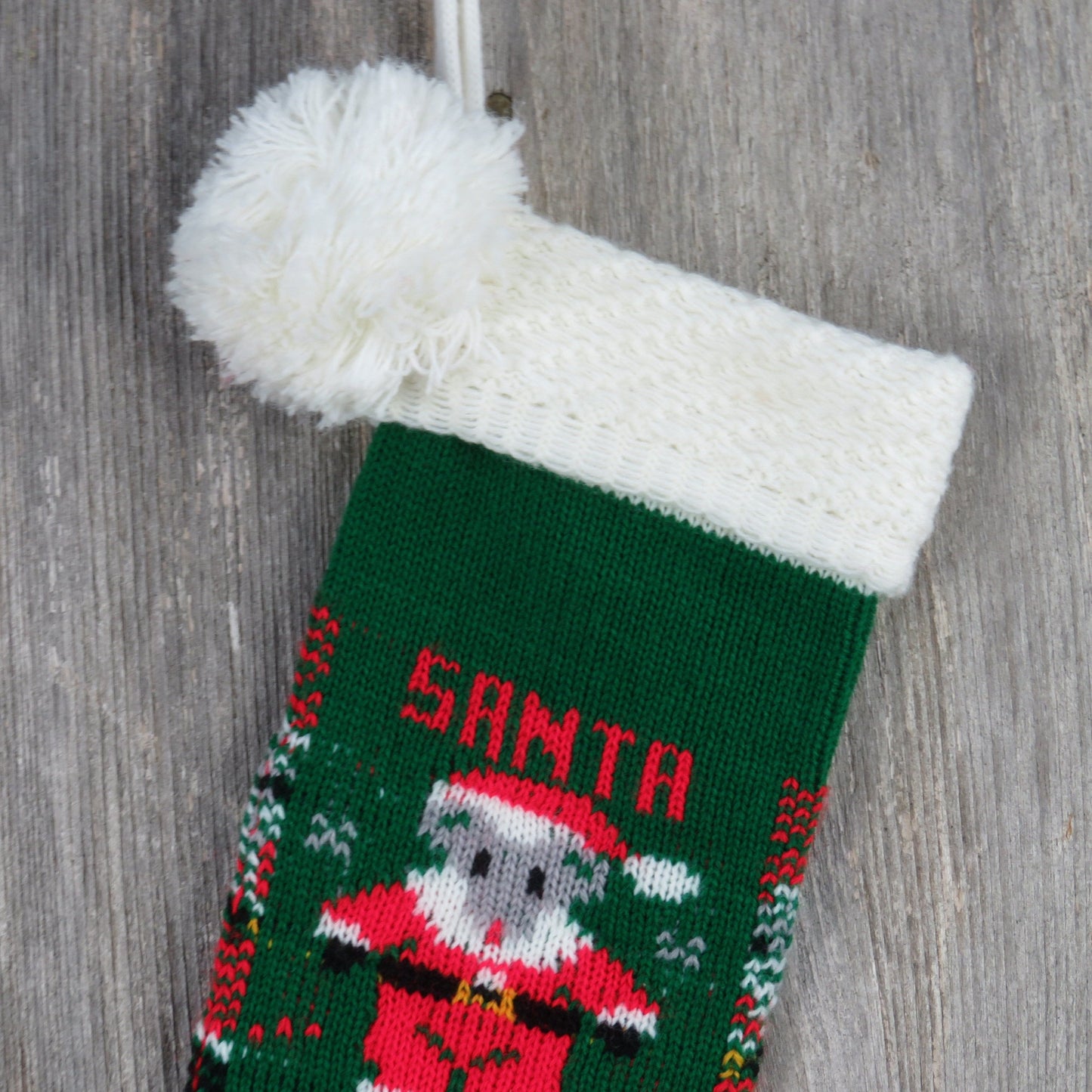 Vintage Knit Santa Mouse Stocking Green Red Christmas White Trim Pom Pom Knitted 1980s