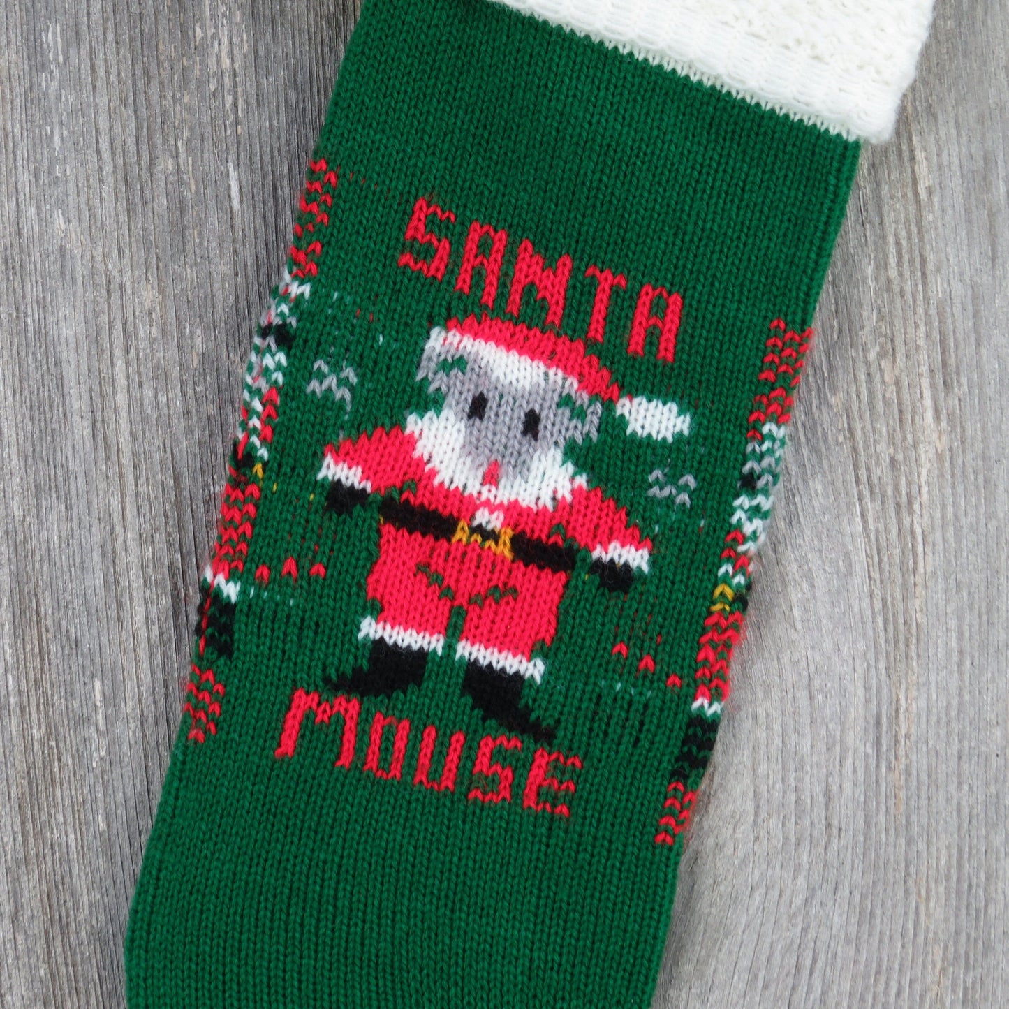 Vintage Knit Santa Mouse Stocking Green Red Christmas White Trim Pom Pom Knitted 1980s