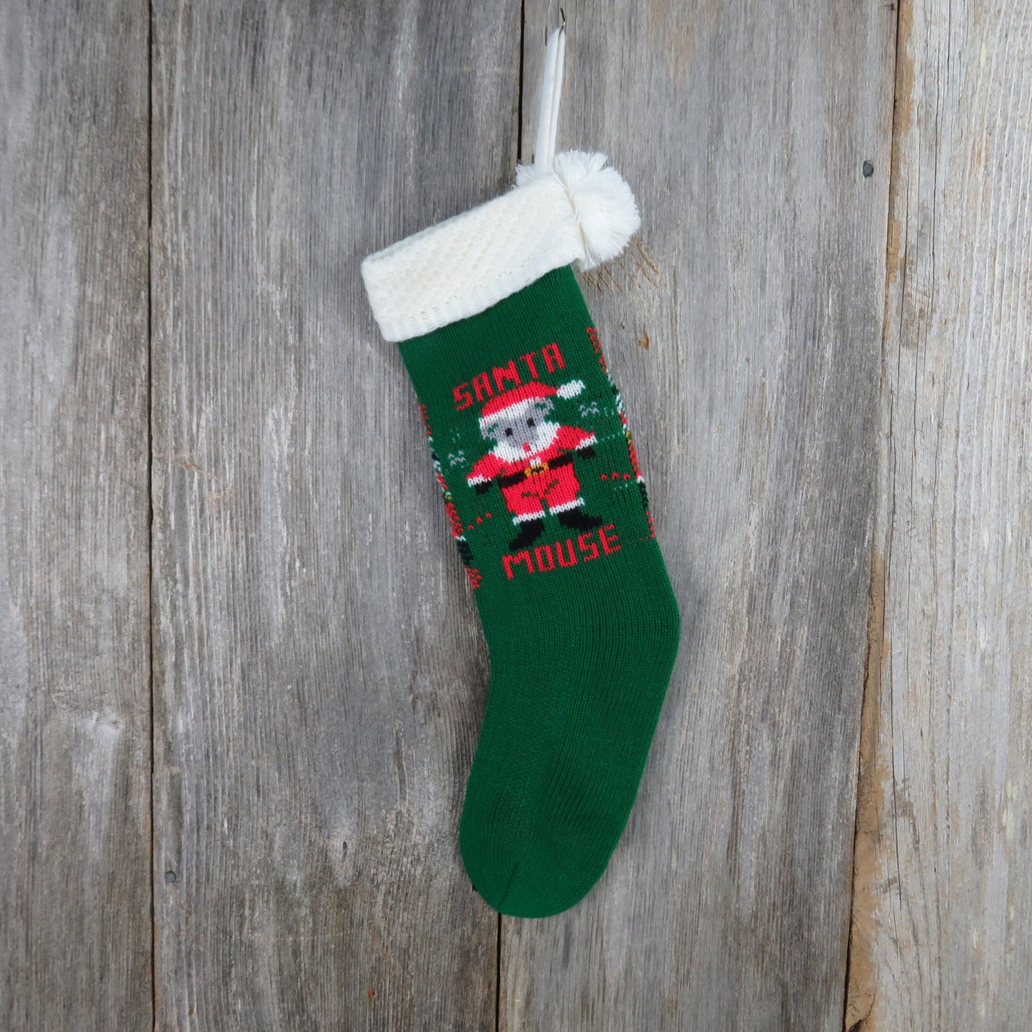 Vintage Knit Santa Mouse Stocking Green Red Christmas White Trim Pom Pom Knitted 1980s