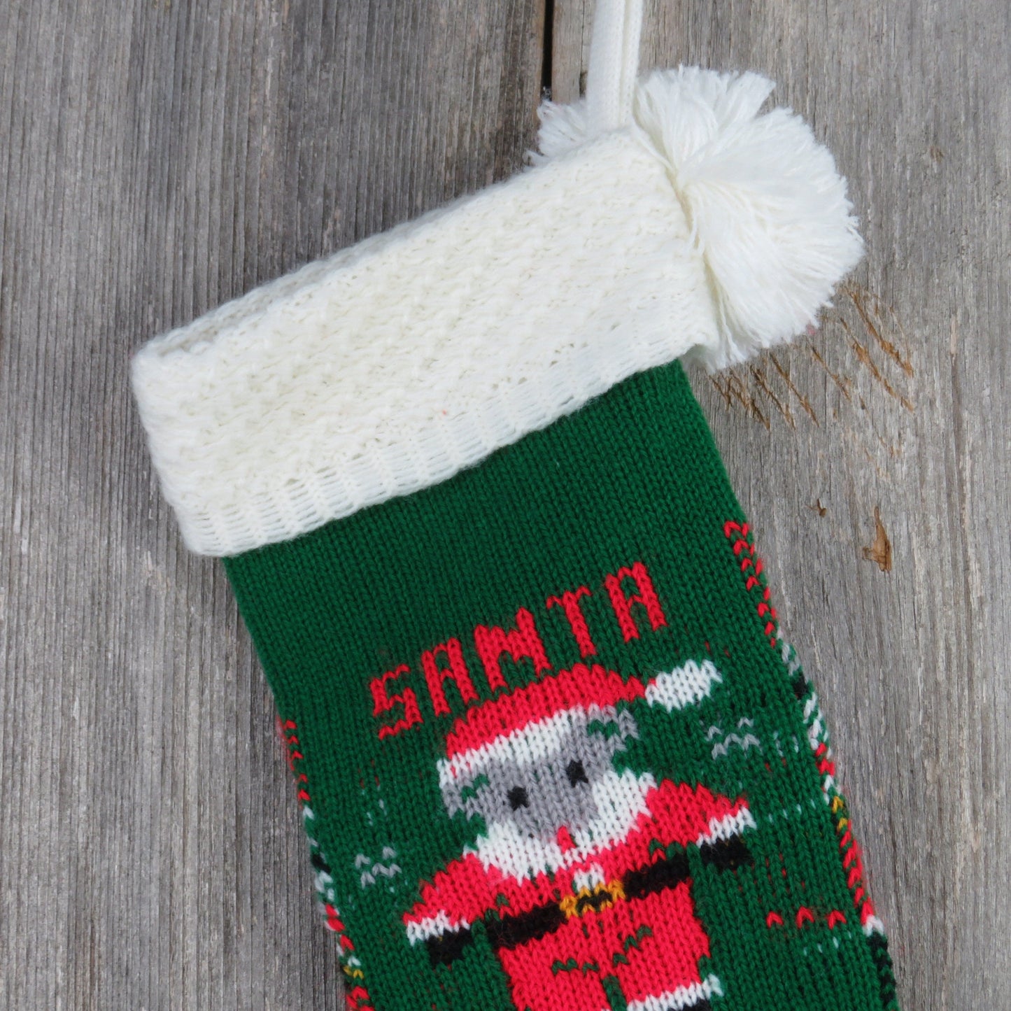 Vintage Knit Santa Mouse Stocking Green Red Christmas White Trim Pom Pom Knitted 1980s