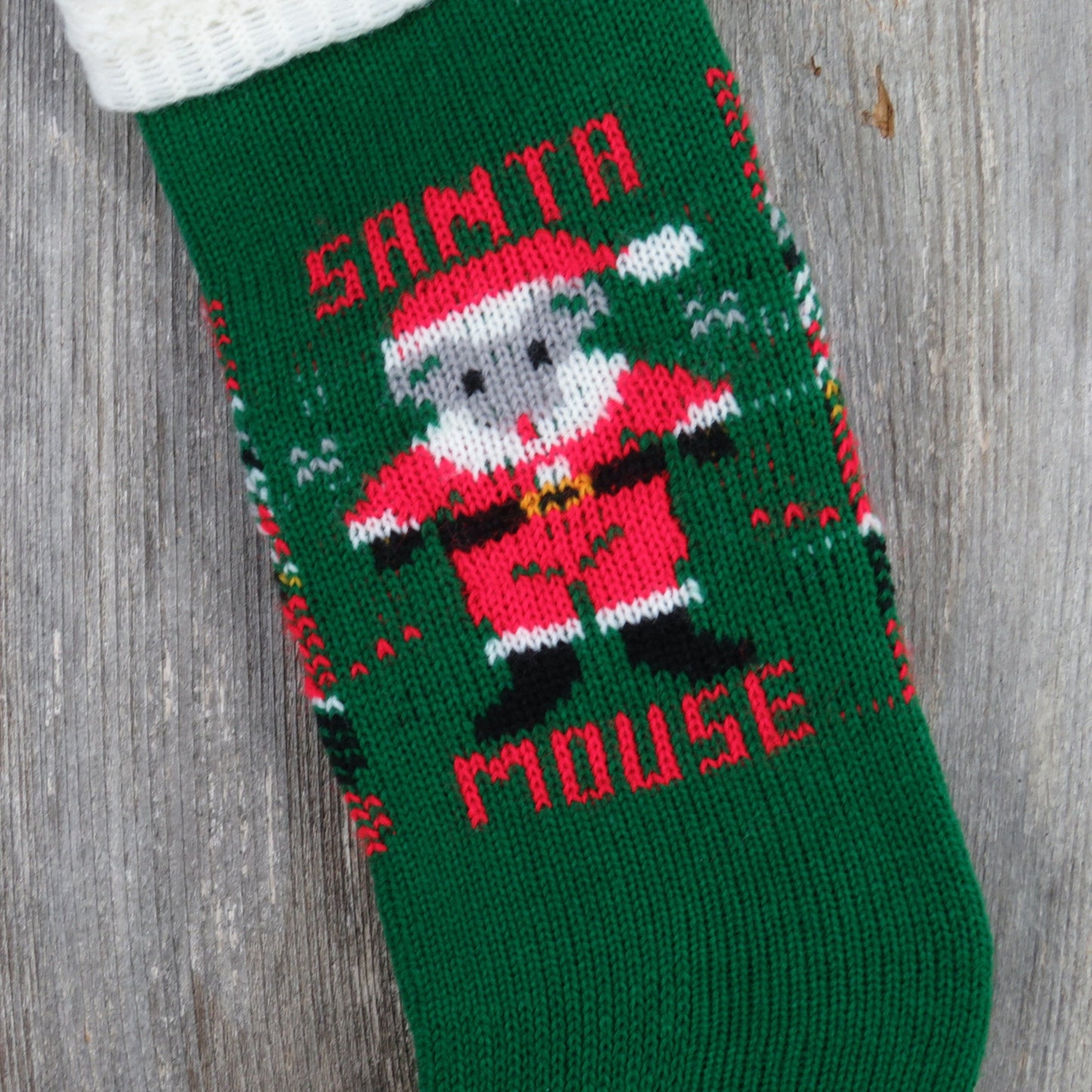 Vintage Knit Santa Mouse Stocking Green Red Christmas White Trim Pom Pom Knitted 1980s