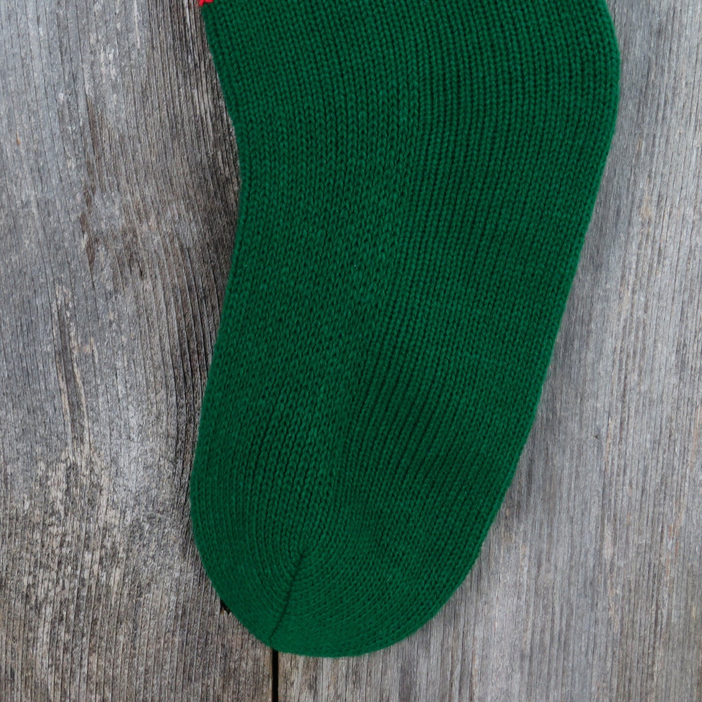 Vintage Knit Santa Mouse Stocking Green Red Christmas White Trim Pom Pom Knitted 1980s