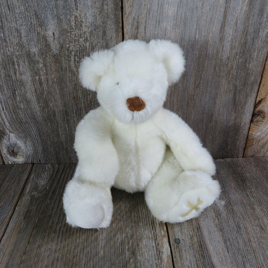 Vintage White Teddy Bear Plush Believe Gold Cross Russ Baptism Religious Communion Stuffed Animal - At Grandma's Table