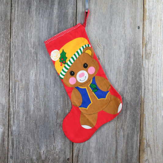 Vintage Teddy Bear Fabric Stocking Christmas Handmade Red Green Sew Cut ST40