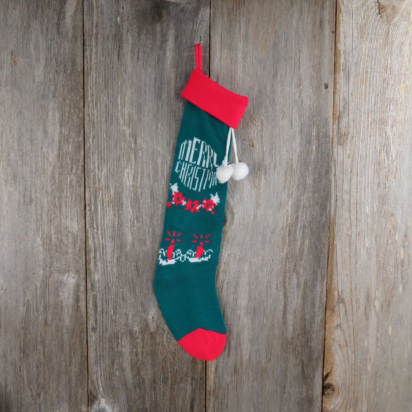 Vintage Merry Christmas Knit Stocking Candles Teal Green Red White Pom Pom 1980s