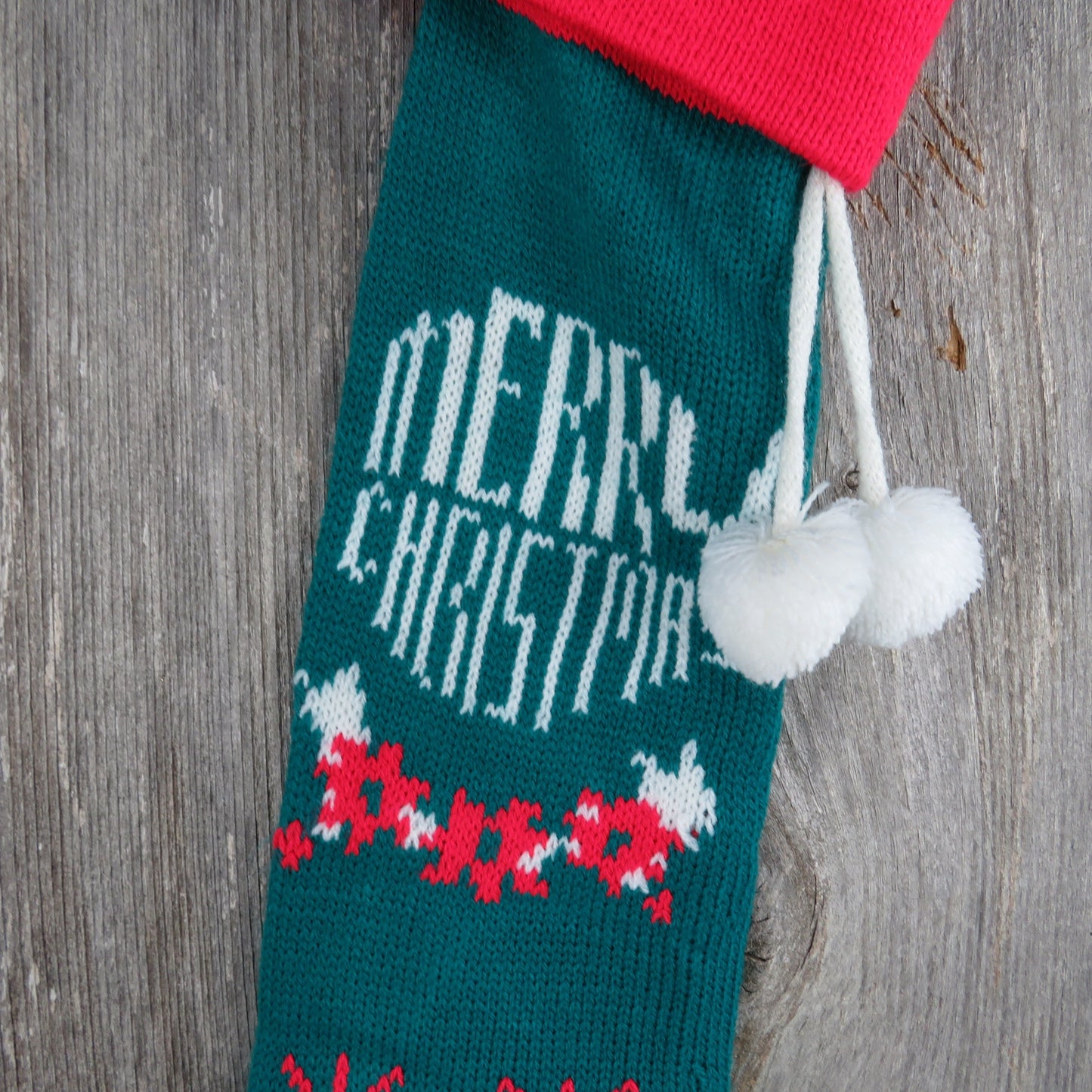 Vintage Merry Christmas Knit Stocking Candles Teal Green Red White Pom Pom 1980s