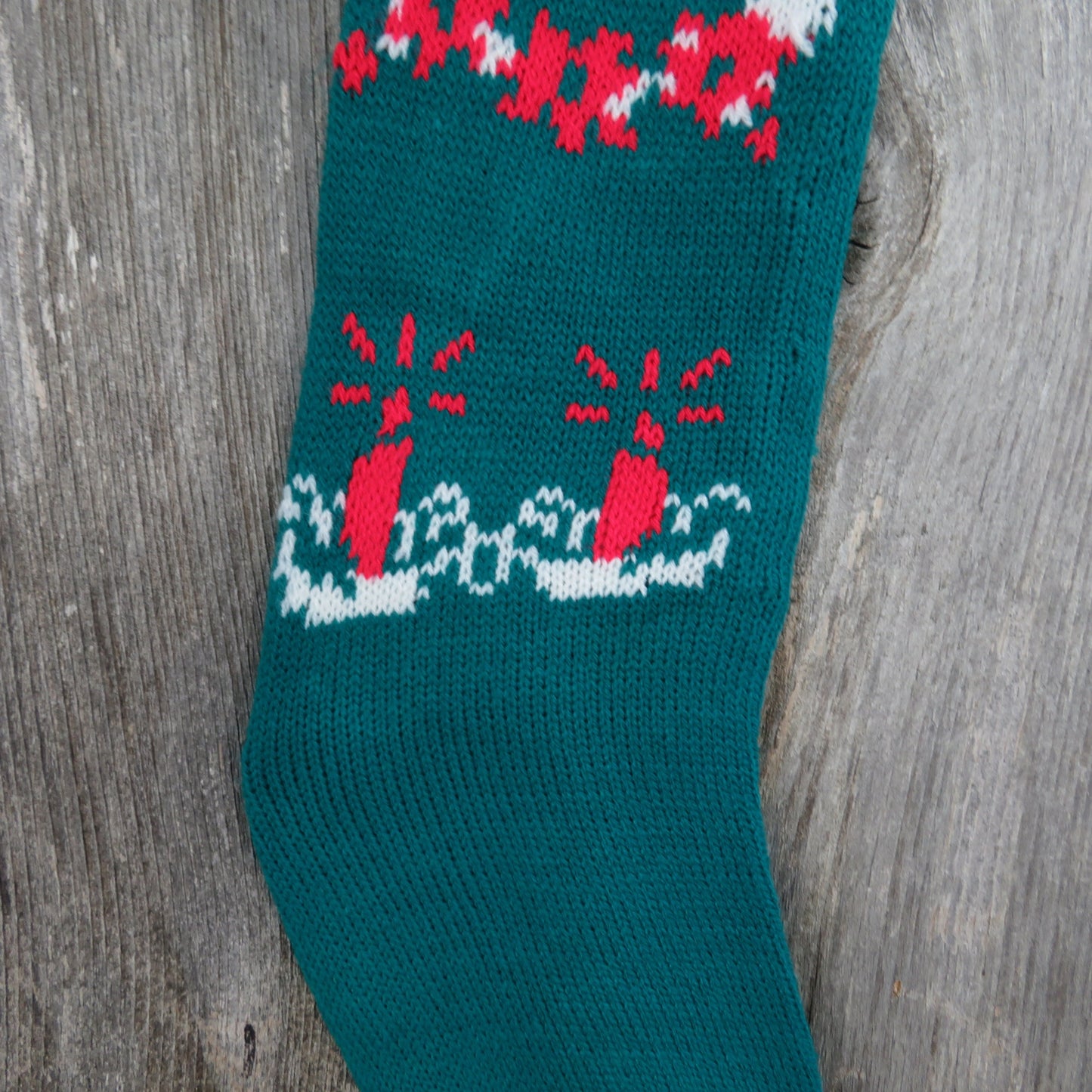 Vintage Merry Christmas Knit Stocking Candles Teal Green Red White Pom Pom 1980s