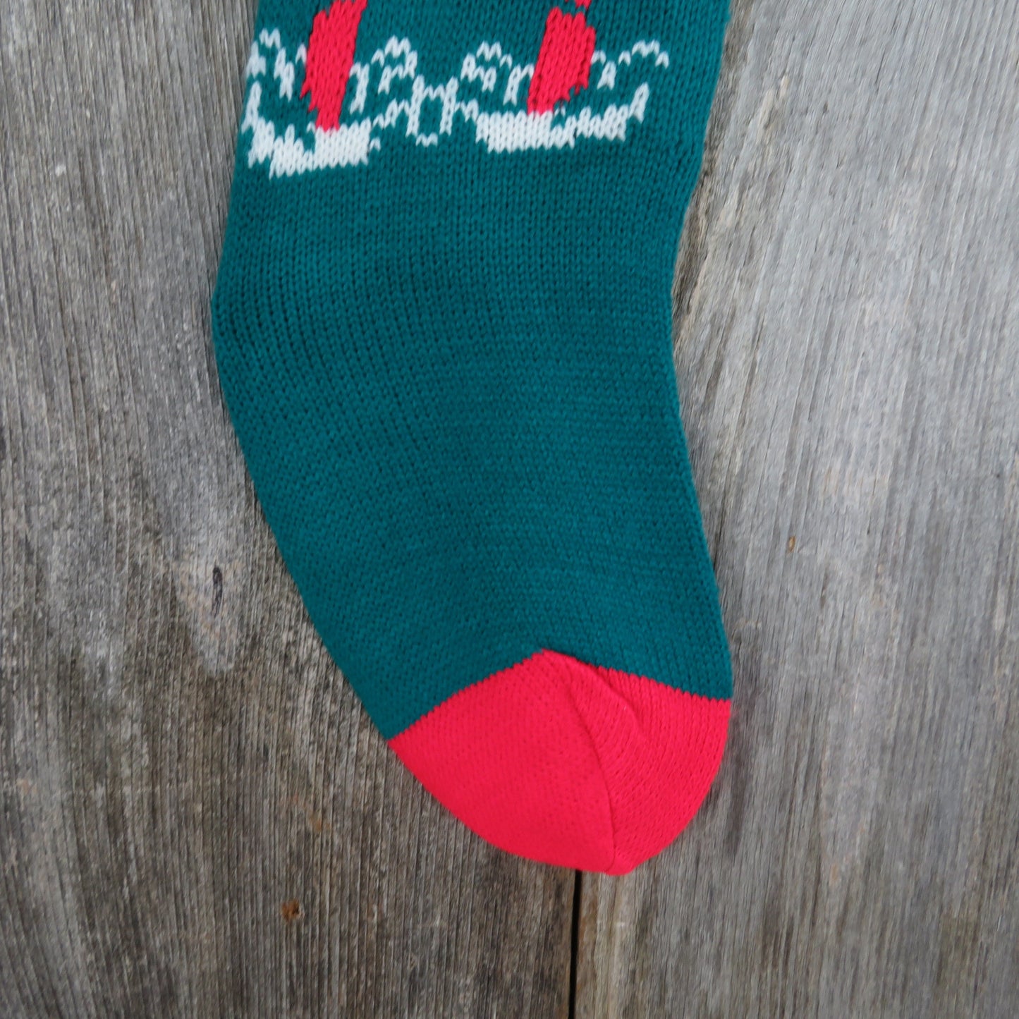 Vintage Merry Christmas Knit Stocking Candles Teal Green Red White Pom Pom 1980s