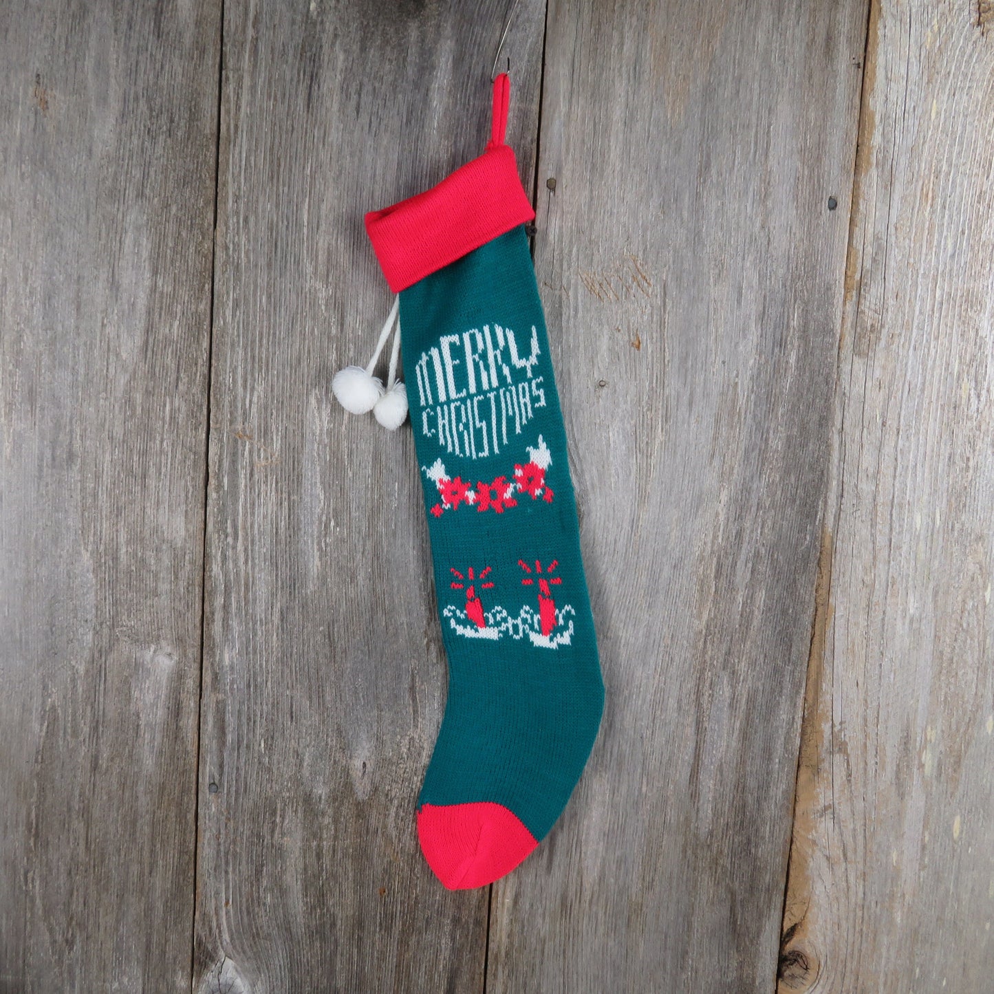 Vintage Merry Christmas Knit Stocking Candles Teal Green Red White Pom Pom 1980s