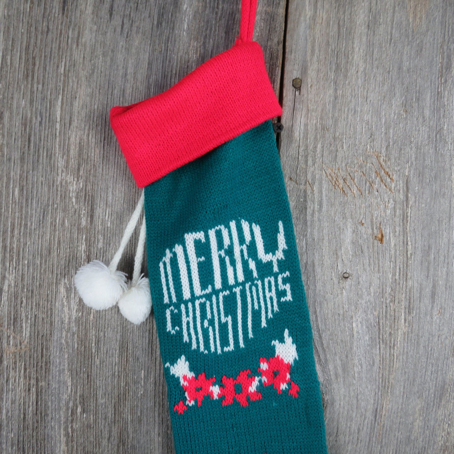 Vintage Merry Christmas Knit Stocking Candles Teal Green Red White Pom Pom 1980s