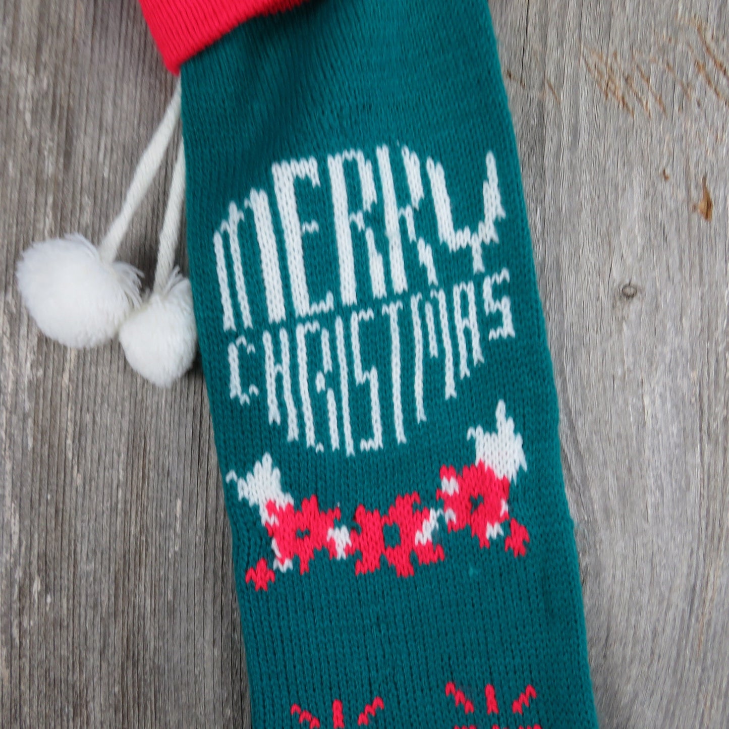 Vintage Merry Christmas Knit Stocking Candles Teal Green Red White Pom Pom 1980s