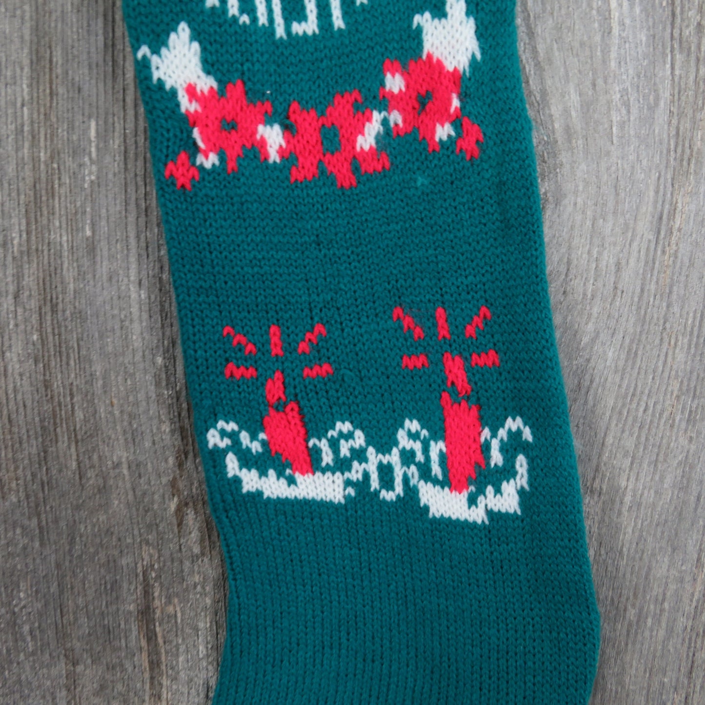 Vintage Merry Christmas Knit Stocking Candles Teal Green Red White Pom Pom 1980s