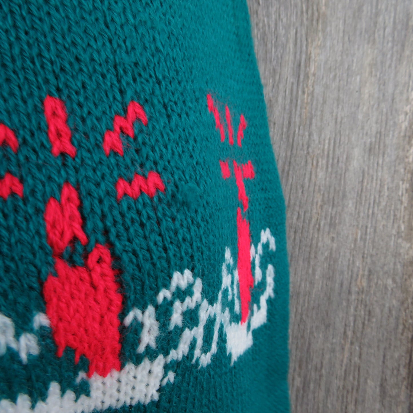 Vintage Merry Christmas Knit Stocking Candles Teal Green Red White Pom Pom 1980s